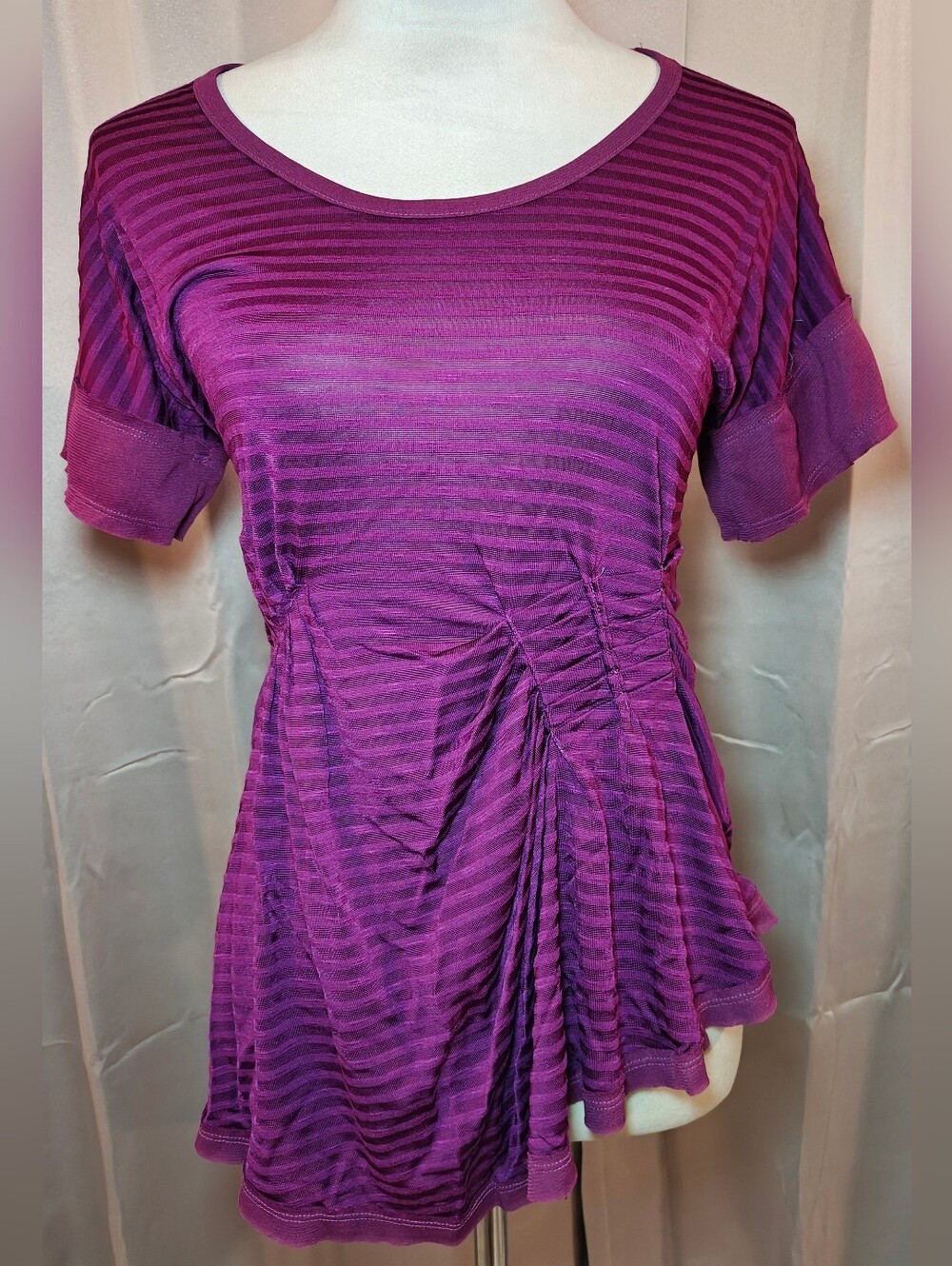 BKE Boutique Purple Striped Top w Asymmetrical & Gathered Ruched Details.